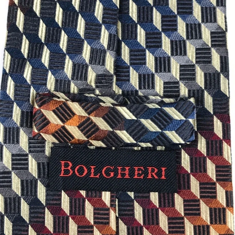 BOLGHERI Men's 100% Silk Necktie ITALY Designer Geometric Multicolor EUC 59